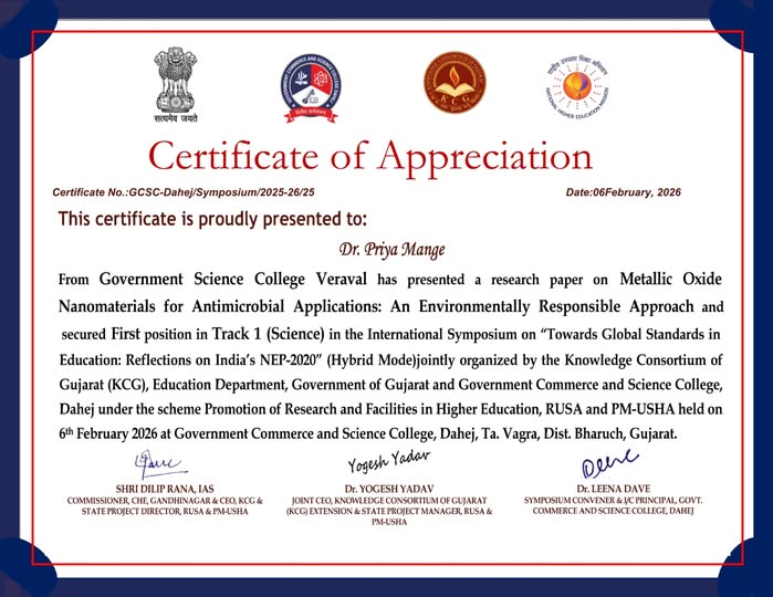 Proud Moment & Academic Achievement – Dr. Priya Mange Secures First Position at International Symposium